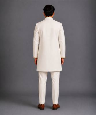 Off white embroidered cotton silk bandhgala set 5