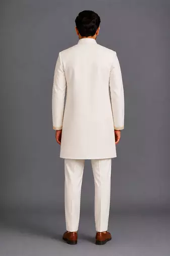 Off white embroidered cotton silk bandhgala set