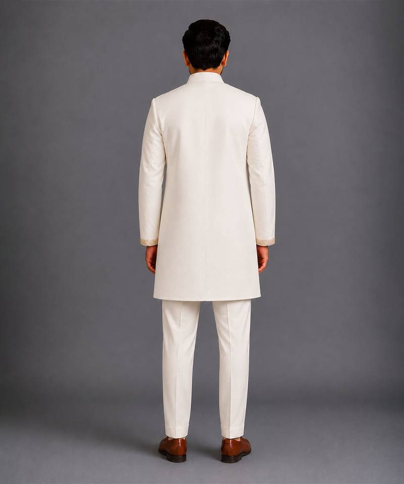 Off white embroidered cotton silk bandhgala set