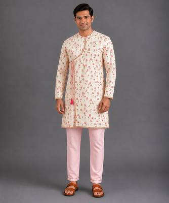 Pink printed cotton silk kurta set 1