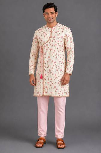 Pink printed cotton silk kurta set