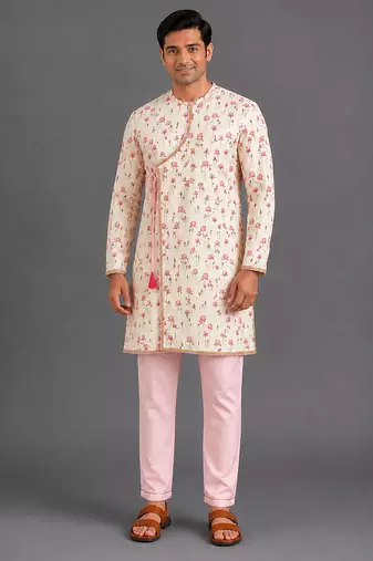 Pink printed cotton silk kurta set