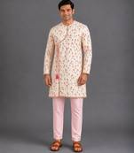 Pink printed cotton silk kurta set