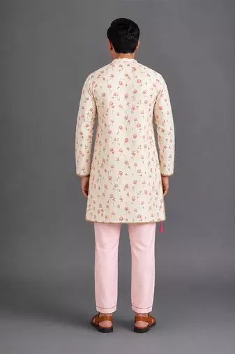 Pink printed cotton silk kurta set
