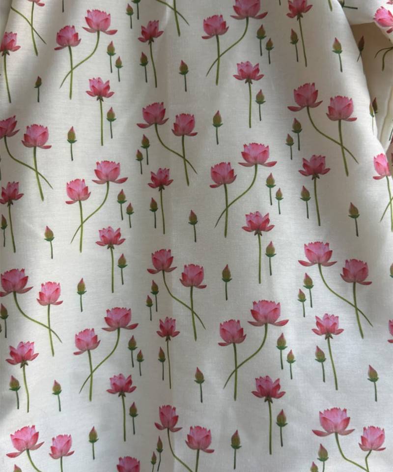 Pink printed cotton silk kurta set