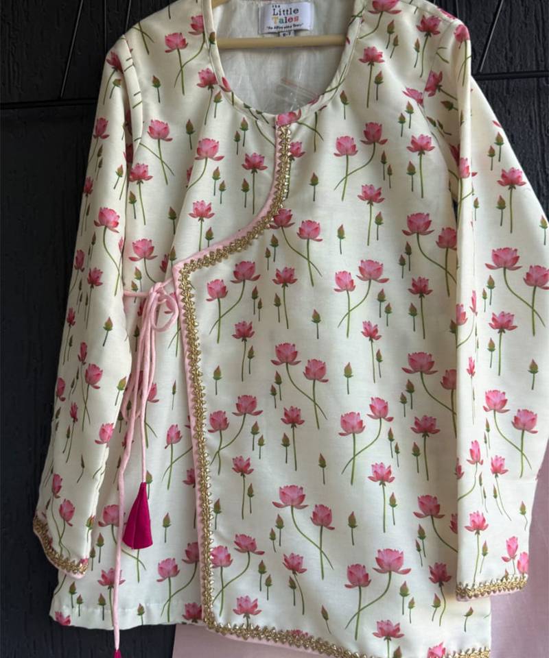 Pink printed cotton silk kurta set