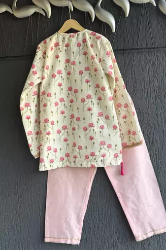 Pink printed cotton silk kurta set