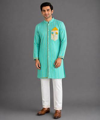 Blue woven cotton silk kurta set 1