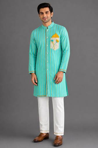Blue woven cotton silk kurta set
