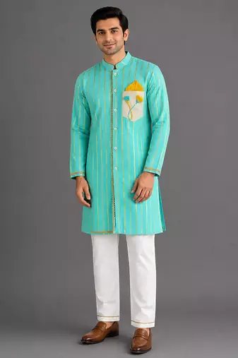 Blue woven cotton silk kurta set