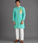 Blue woven cotton silk kurta set