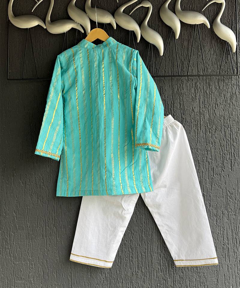 Blue woven cotton silk kurta set