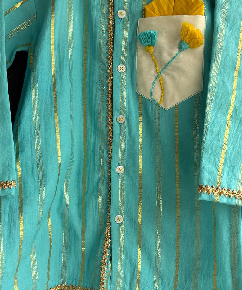 Blue woven cotton silk kurta set