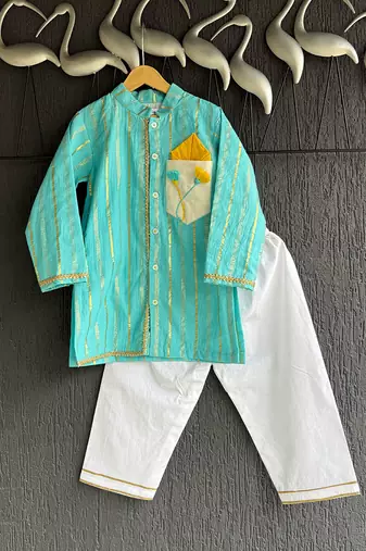 Blue woven cotton silk kurta set