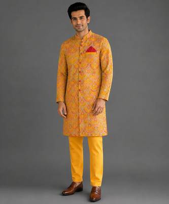 Mustard yellow embroidered cotton silk bandhgala set 1