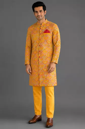 Mustard yellow embroidered cotton silk bandhgala set