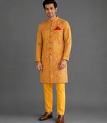Mustard yellow embroidered cotton silk bandhgala set