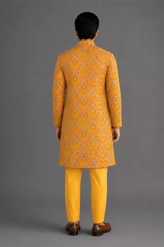 Mustard yellow embroidered cotton silk bandhgala set