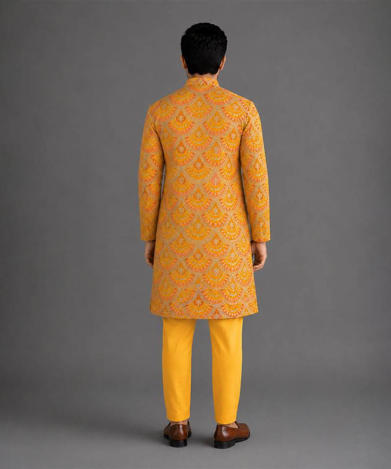 Mustard yellow embroidered cotton silk bandhgala set