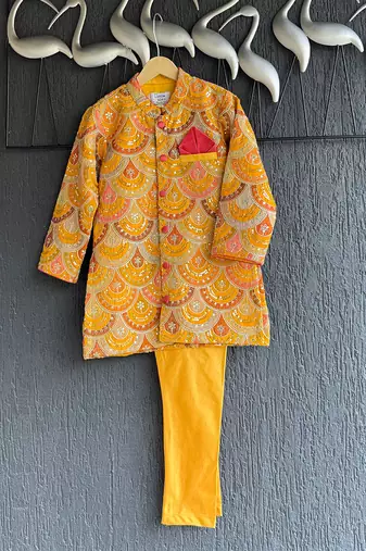 Mustard yellow embroidered cotton silk bandhgala set