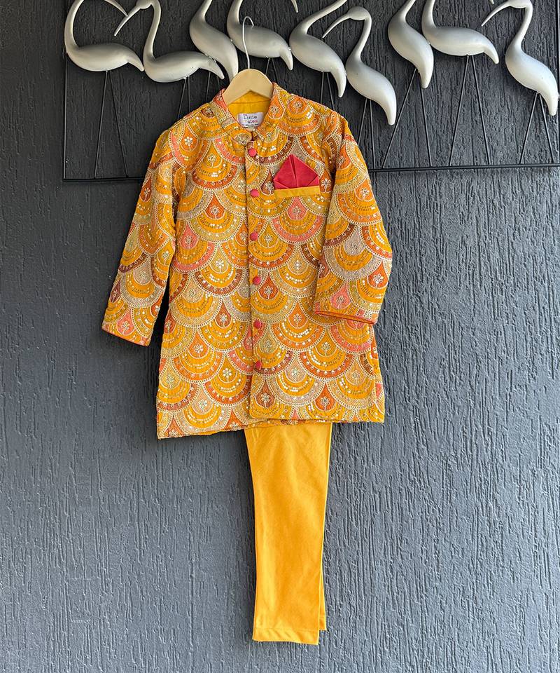 Mustard yellow embroidered cotton silk bandhgala set