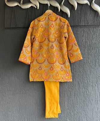 Mustard yellow embroidered cotton silk bandhgala set 4