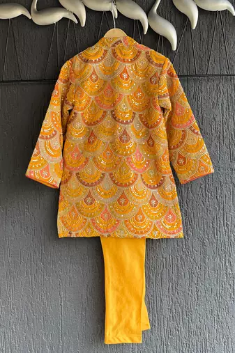 Mustard yellow embroidered cotton silk bandhgala set