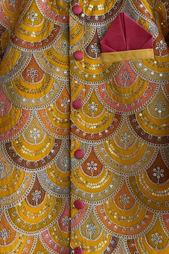 Mustard yellow embroidered cotton silk bandhgala set