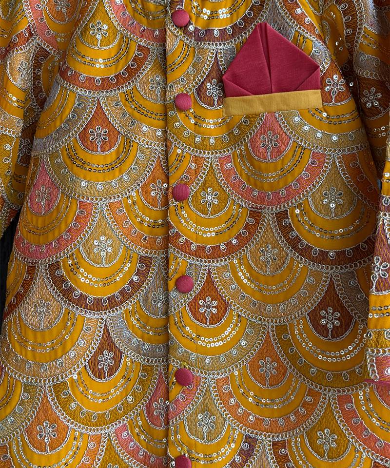 Mustard yellow embroidered cotton silk bandhgala set