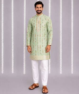 Green printed cotton silk kurta set 1