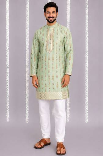 Green printed cotton silk kurta set