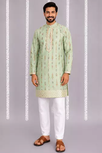 Green printed cotton silk kurta set