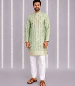Green printed cotton silk kurta set