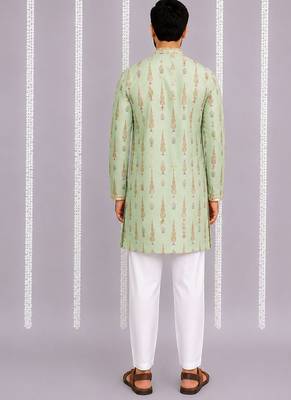Green printed cotton silk kurta set 2