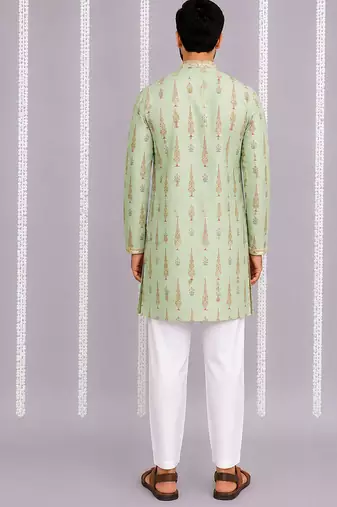 Green printed cotton silk kurta set