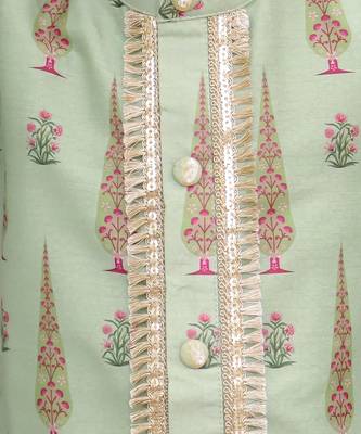 Green printed cotton silk kurta set 3