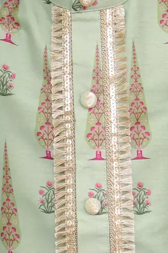 Green printed cotton silk kurta set