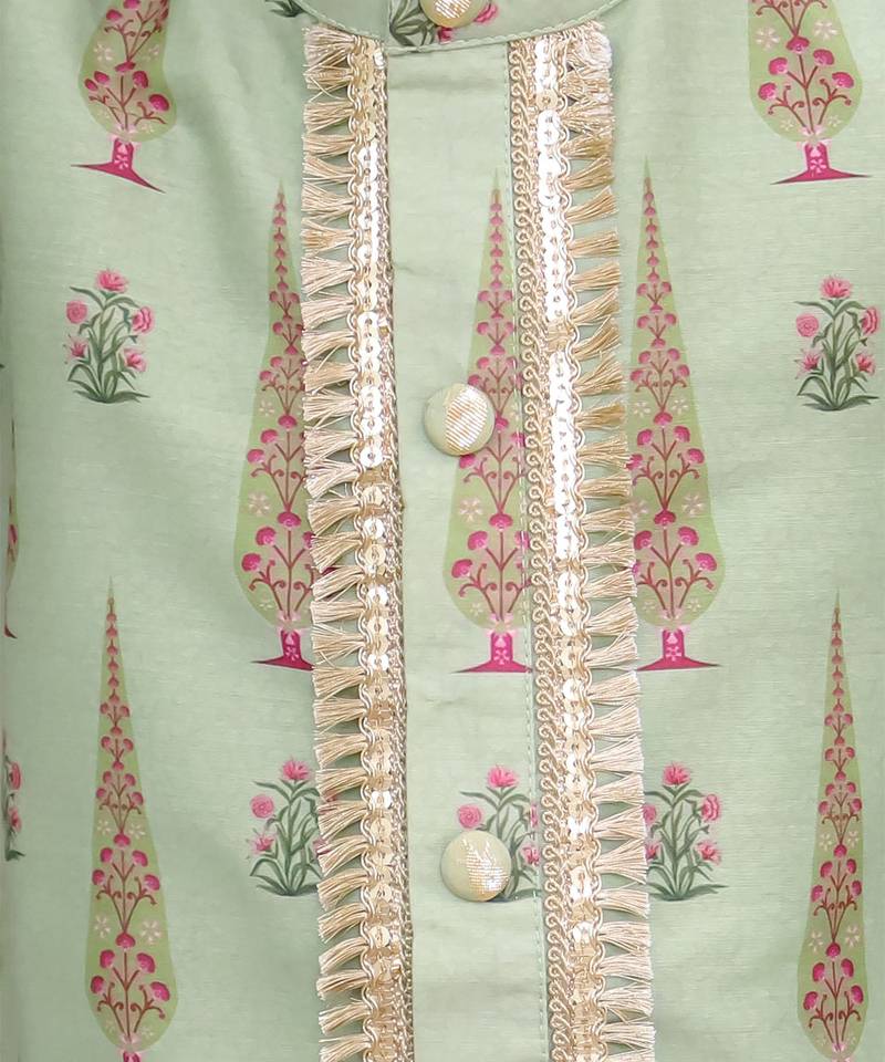 Green printed cotton silk kurta set