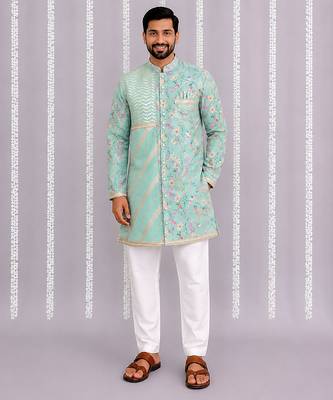 Green printed cotton silk kurta set 1
