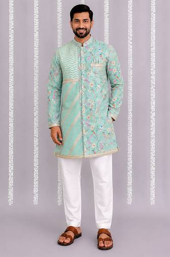 Green printed cotton silk kurta set