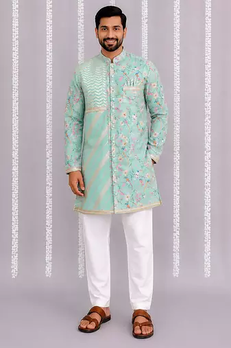 Green printed cotton silk kurta set