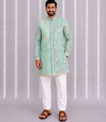Green printed cotton silk kurta set