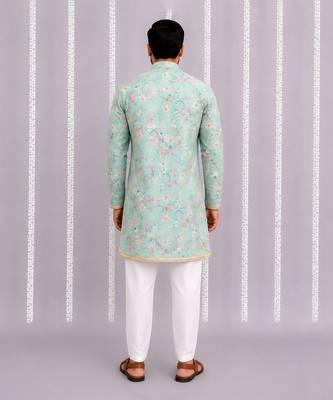 Green printed cotton silk kurta set 3