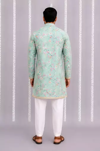 Green printed cotton silk kurta set