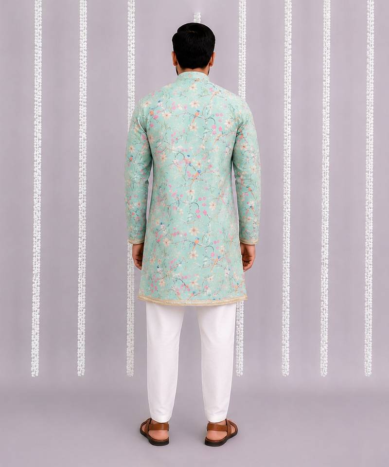 Green printed cotton silk kurta set