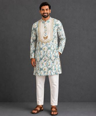 Off white printed cotton silk kurta set 1
