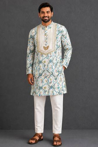 Off white printed cotton silk kurta set