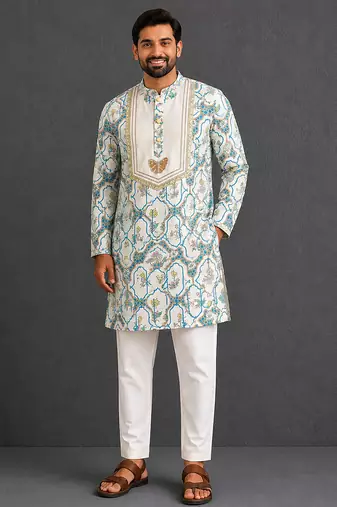 Off white printed cotton silk kurta set