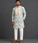 Off white printed cotton silk kurta set