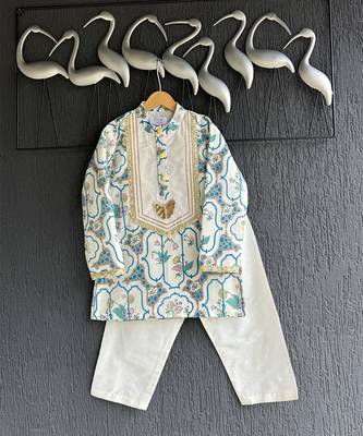 Off white printed cotton silk kurta set 2